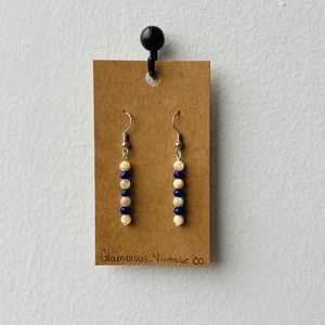 Cream and dark blue Bead Hang Down Earrings